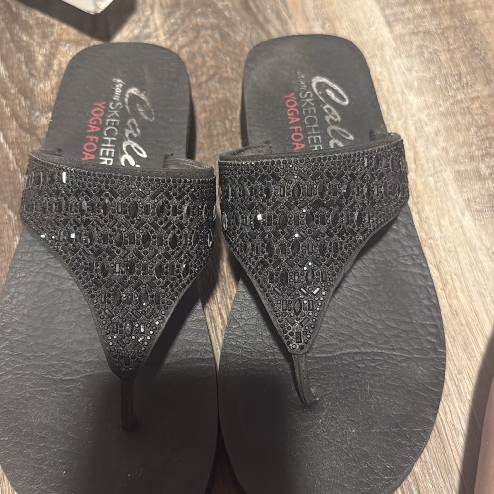 Skechers Black Embellished Thong Sandals